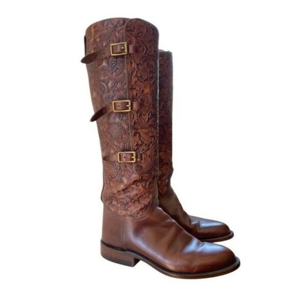Lucchese Women's Brown Hand Made Tooled Leather Tall Riding Knee Boots Size 7.5 - Picture 1 of 12